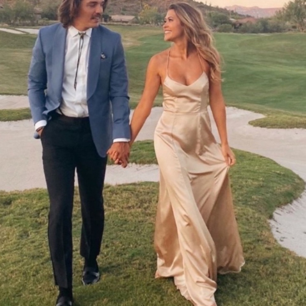 Show Me Your Mumu Godshaw Goddess Gown in Champagne Luxe Satin Small Flaw